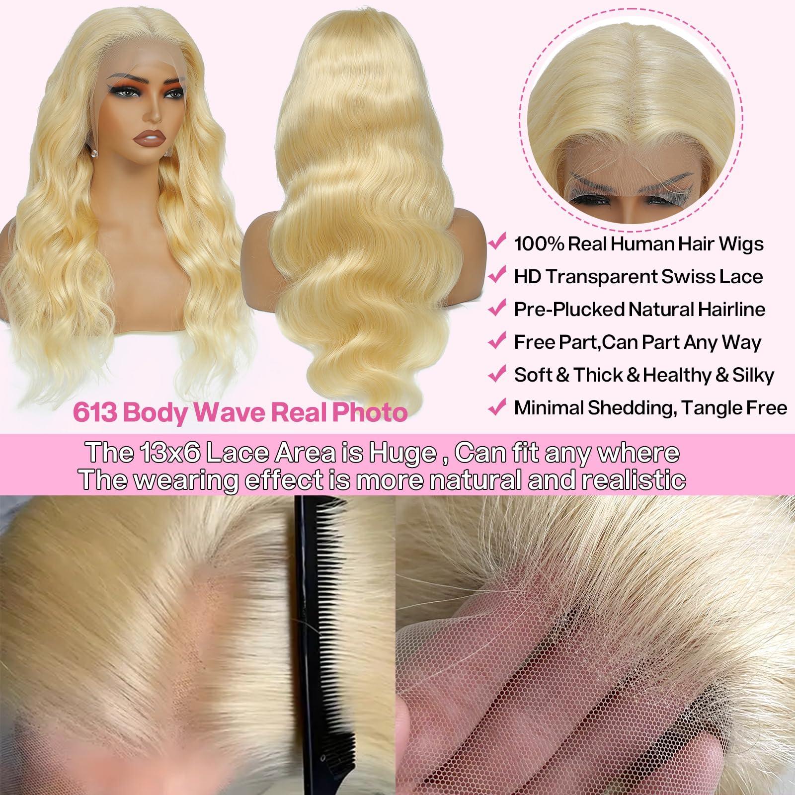 Pangm 613 13x6 Lace Front Wig Human Hair 200 Density HD Body Wave Blonde Lace Front Wigs Human Hair Pre Plucked Lace Frontal Wig 13x6 Blonde Wig Human Hair (613 13x6 lace front wig human hair, 36 Inch)