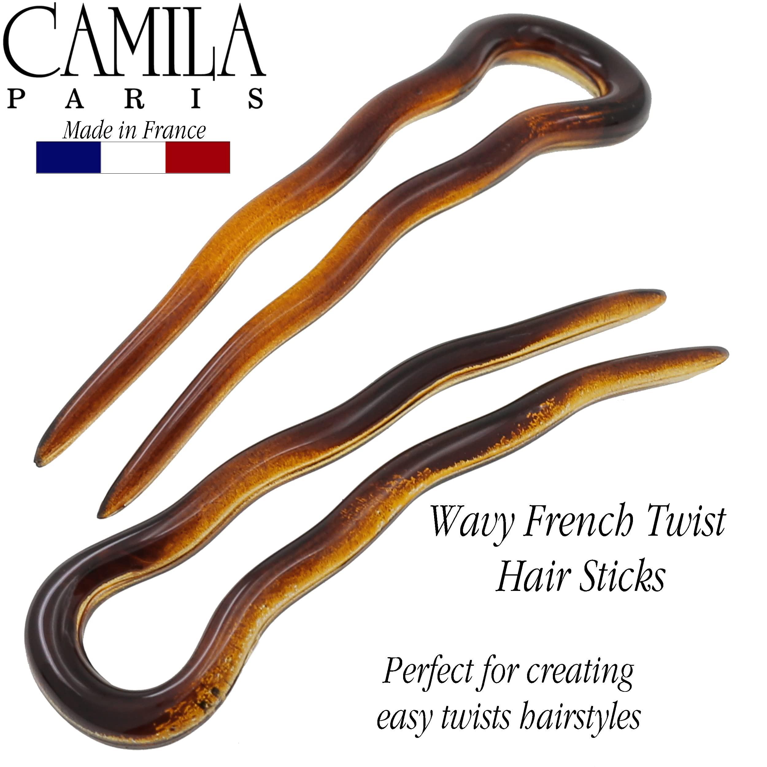 Camila Camila Paris AD823 French Twist Stick Hair Fork, 4 Small Wavy U Shaped Hair Pin Clip for Spiral Updo Bun, Tortoise Shell, Fashion Flexible Durable Styling Hair Accessories for Women, Made in France