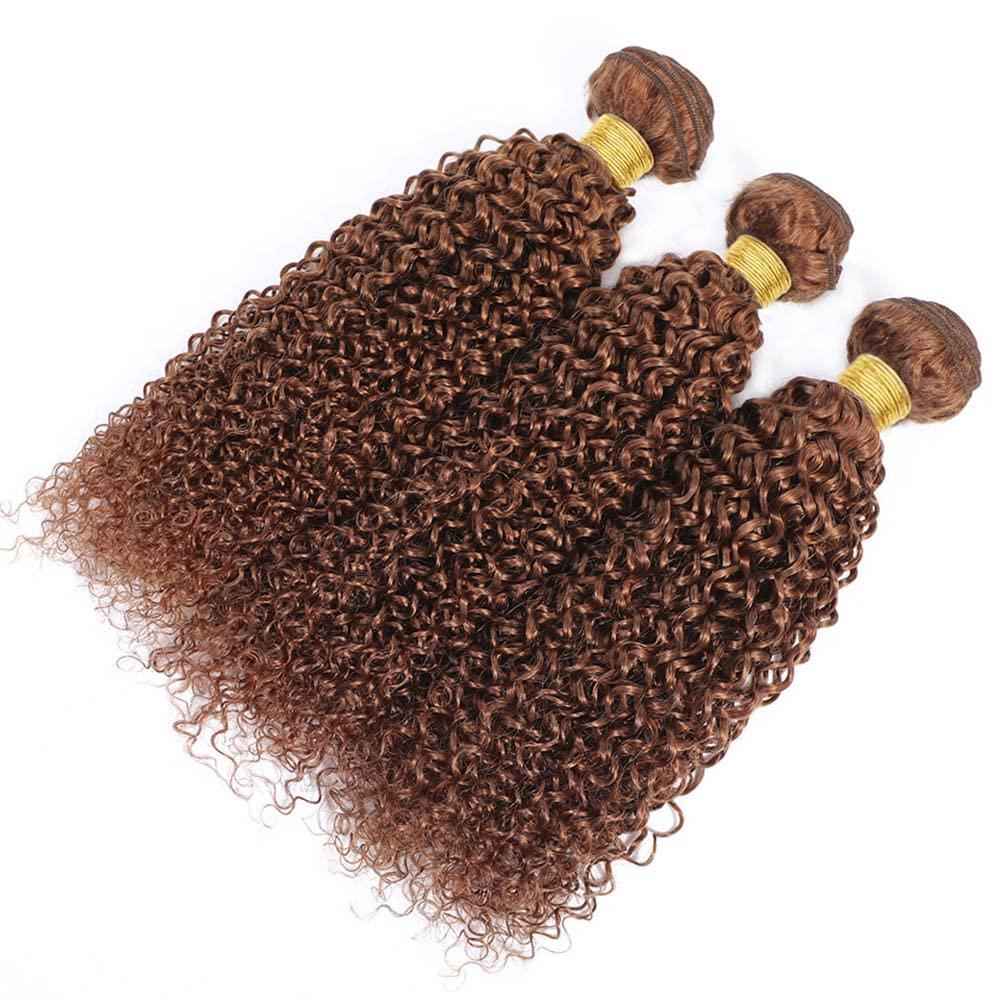 Yuksoocosh Color #30 Bundles Human Hair Brown Kinky Curly Bundles Light Brown Curly Hair Bundles 16 18 20 inch Double Weft Brazilian Remy Hair Extensions Wet and Wavy Bundles Silky Soft for Black Women