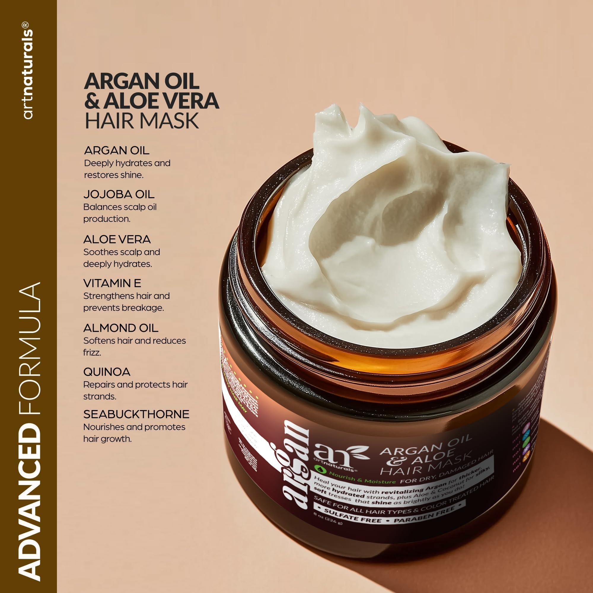 Artnaturals Hair Mask + Silk Bonnet for Sleeping Women Set - Deep Conditioner & Leave-In Conditioner for Dry, Damaged Hair - Argan Oil, Jojoba, Aloe & Keratin - Satin Bonnet for Sleeping, Repair & Hydrate (8 oz)