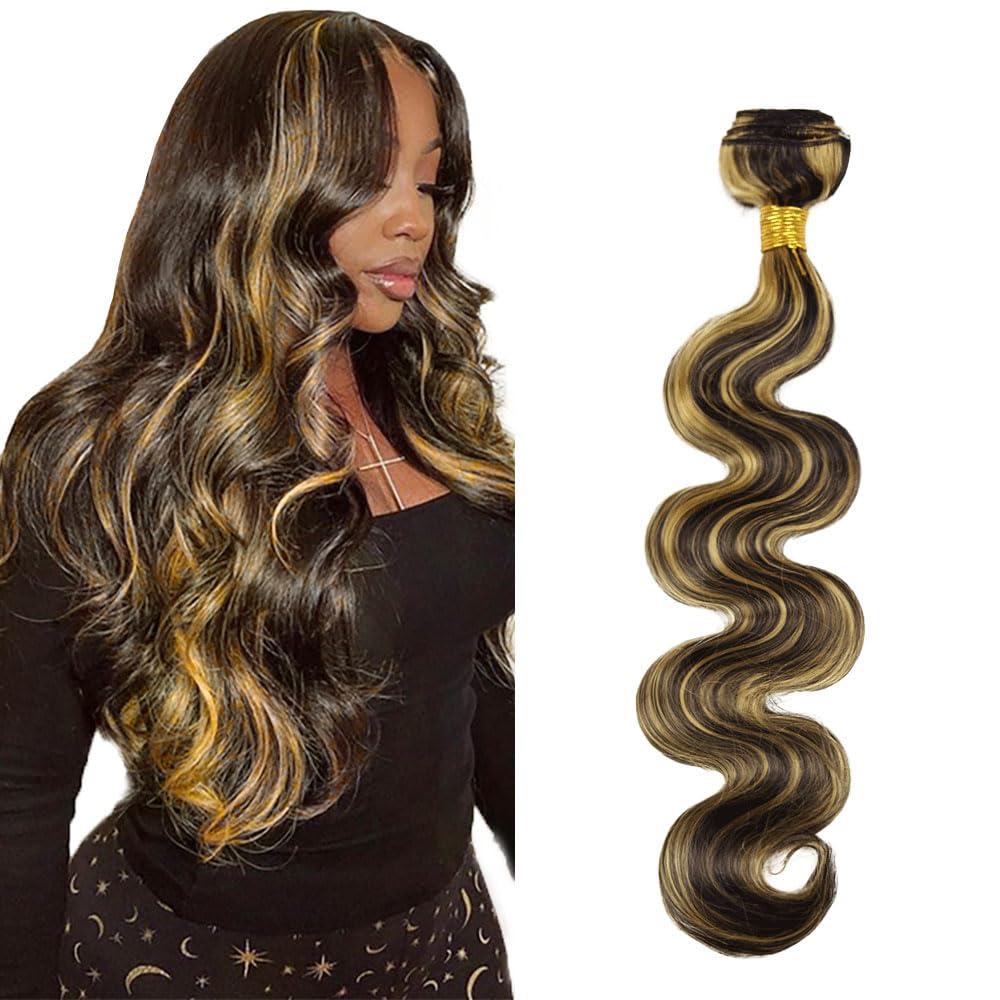 Vinmdonm 30 Inch Highlight Human Hair Bundles Honey Blonde Human Hair Bundles P1B/27 Body Wave Bundles Brazilian Unprocessed Virgin Hair 1 Bundle Two Tone Black and Honey Blonde Bundles