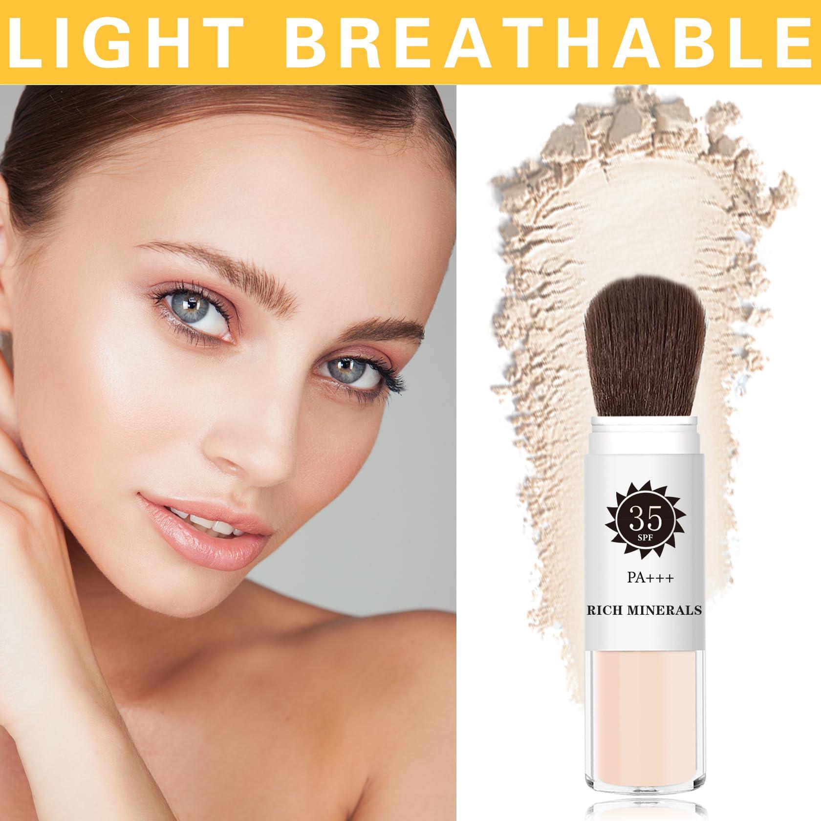 AWCCXMYM Setting Powder Sunscreen Powder Mineral Powder SPF 35, Natural Flawless Smooth Soft Matte Oil Control Brighten Concealer Translucent Powder Setting Powder Makeup With Sunscreen Brush #01 Translucent