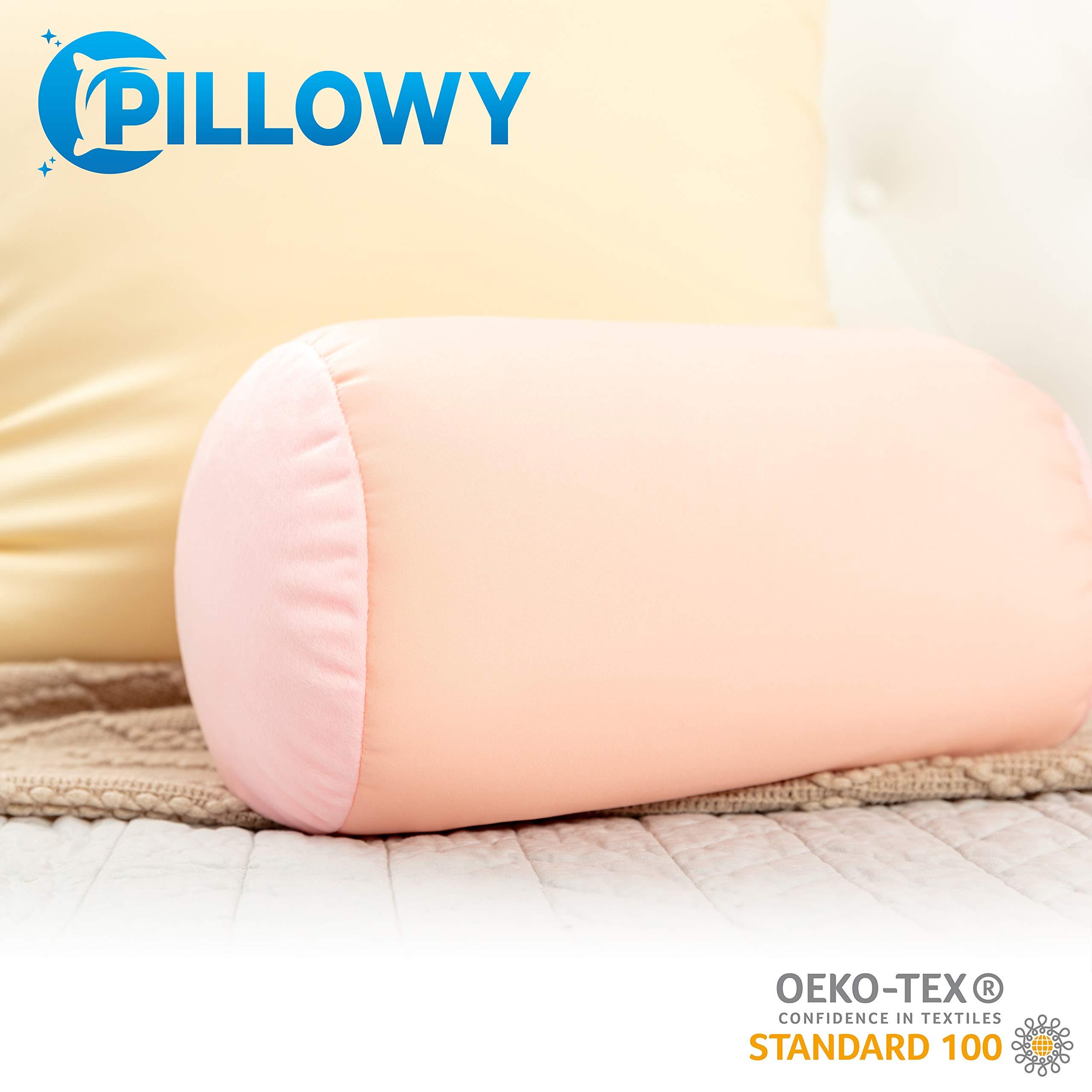 PILLOWY Microbead Bolster Neck Roll Pillow, Gently On Body, Head, Neck & Shoulders No Pain Rest, Relax Sleep - Silky Feel Prevent Wrinkles & Hair Breakage - Lightweight Cylinder Tube, 14" x 8", Cream Peach