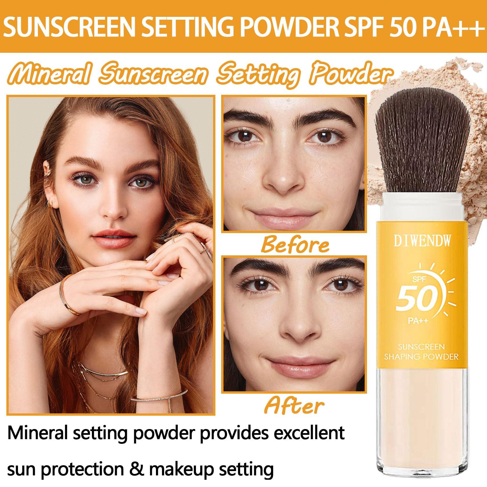 DWDiWen Mineral Sunscreen Setting Powder SPF 50 PA++,Breathable Sun Screen with Brush,Lightweight Long Lasting Oil Control Face Sunscreen,Matte Concealer Setting Powder for All Skin Types