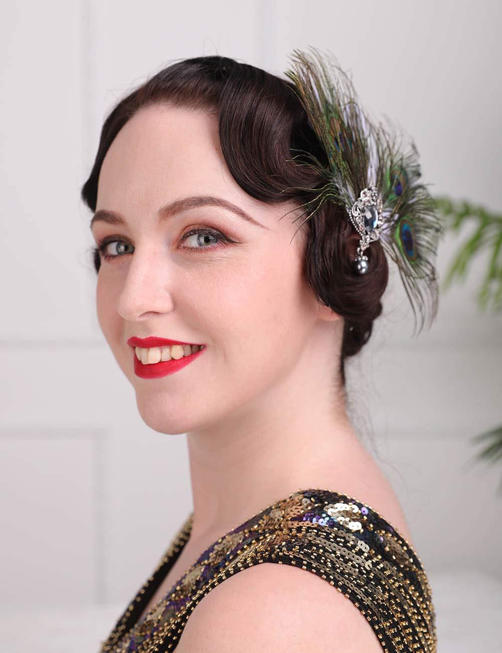 Aimimier Aimimier 1920s Flapper Peacock Feather Hair Clip Headpiece Vintage Roaring 20s Masquerade Hair Accessories for Women