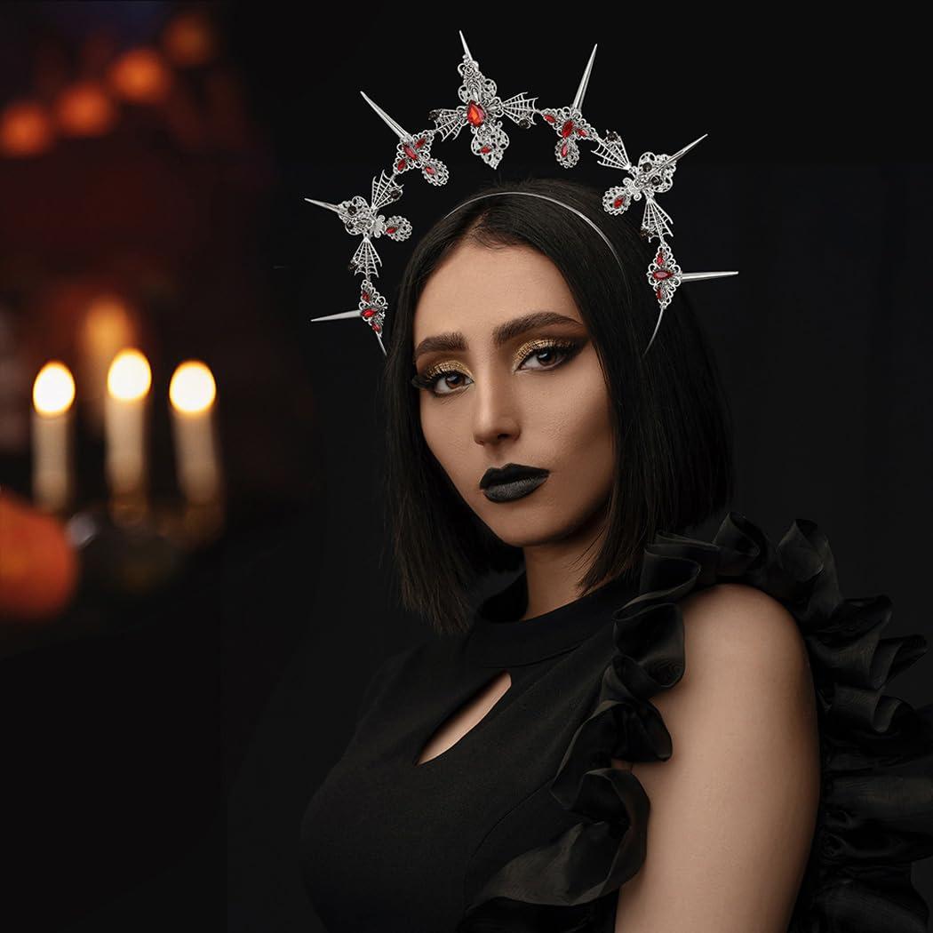 Formery Formery Spiked Halo Crown Silver Rhinestones Spider Halo Headpiece Halloween Festival Photo-shoot Crow Cross Halo Headband for Women and Girls