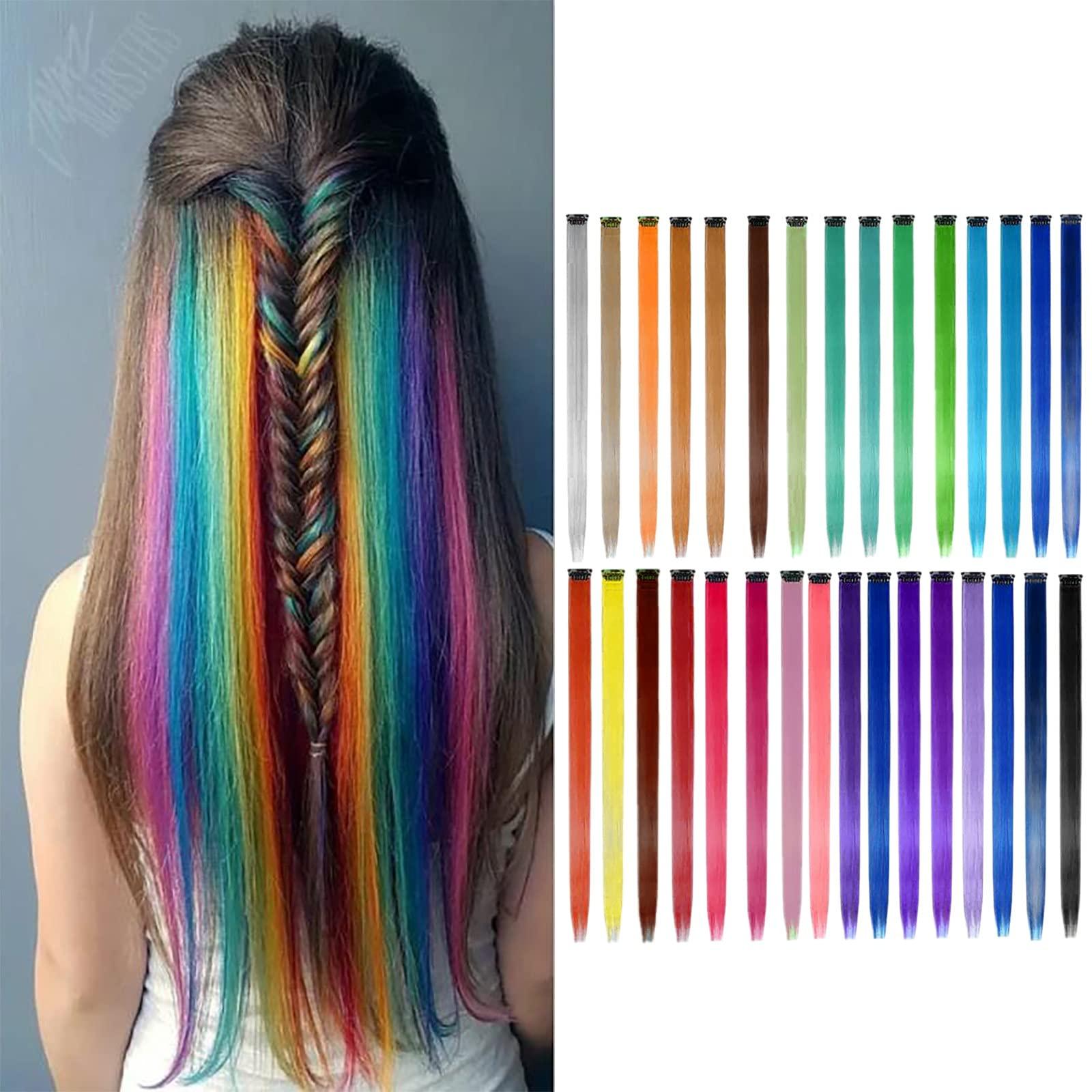 Eme-rald Coloured Hair Extension, 1 PC Fashionable Hair Hairpiece for Women Princess Party Highlight Colourful Straight Hair Extensions Clip in Costumes Hair Piece for Girls (M)