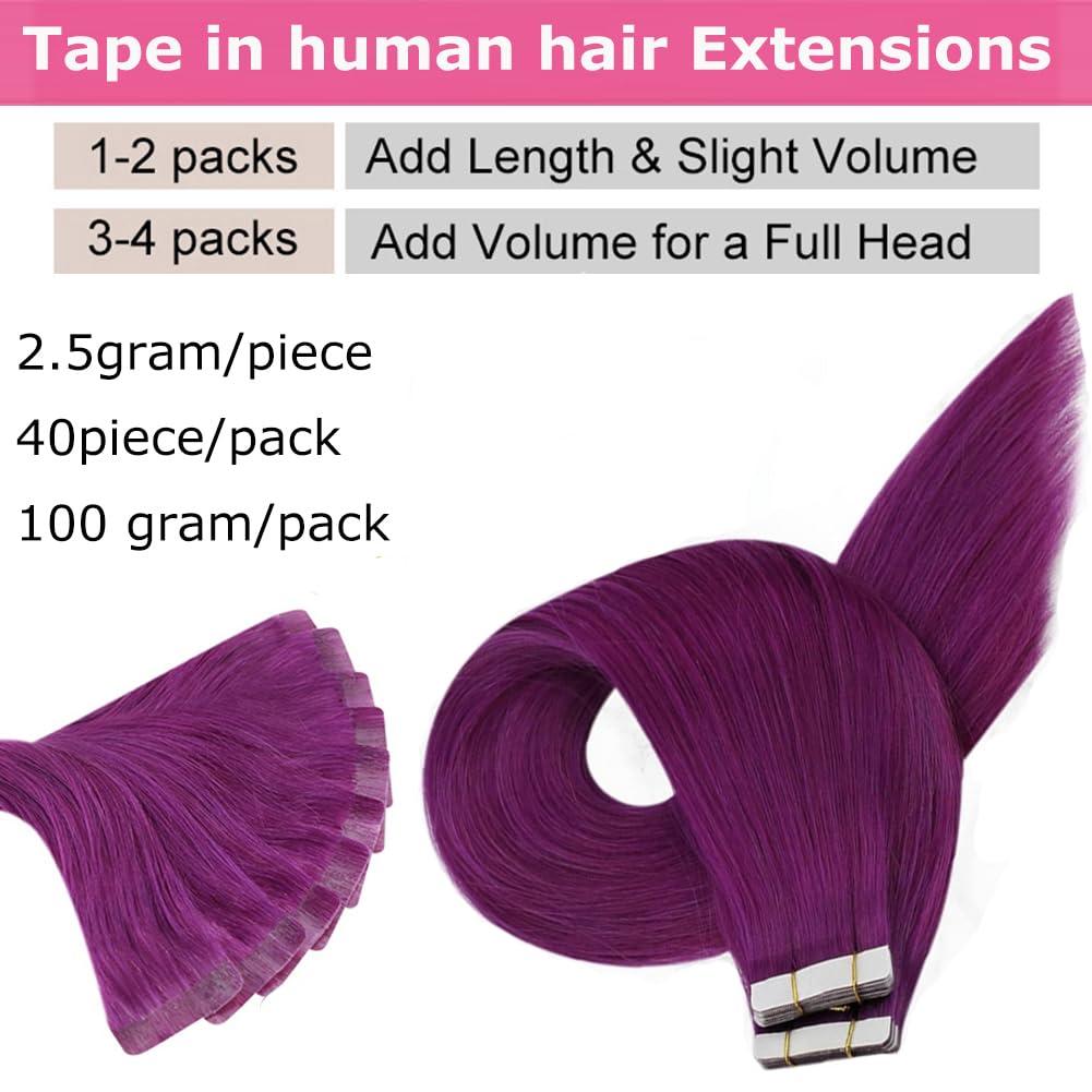 Kiss darling LASHES Tape in Hair Extensions Human Hair, 40pcs 100g 26 inch Highlighted Purple Straight Human Hair Tape in Extensions Skin Weft Tape Extensions Human Hair Full Head
