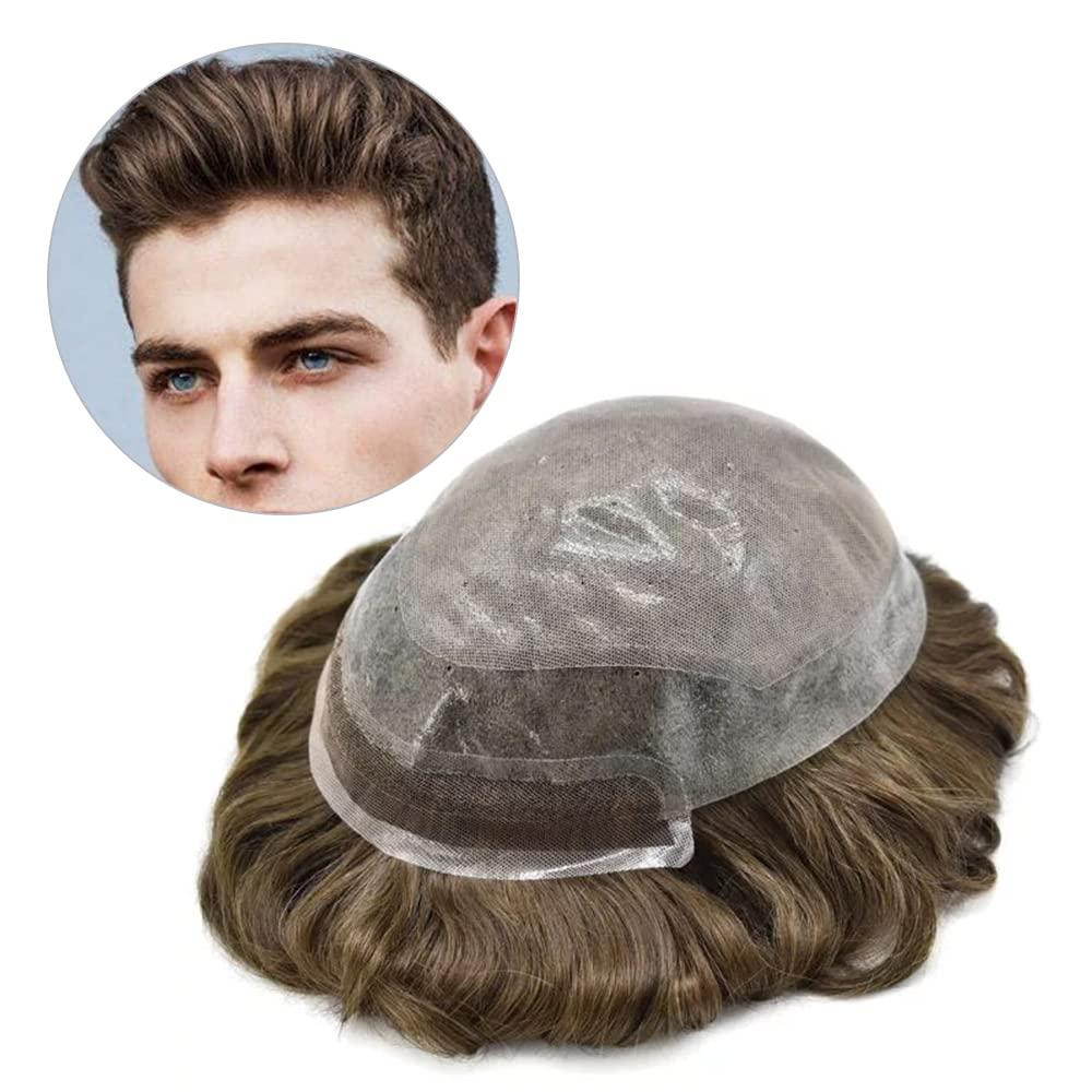 Hair System For Men HAIR WONDERS Mens Toupee Hair Pieces 100 European Human Hair Toupee For Men Swiss Lace Front Bleached Knots Natural Hairline Mens Hair Unit 8 10 420 4 MEDIUM BROWN