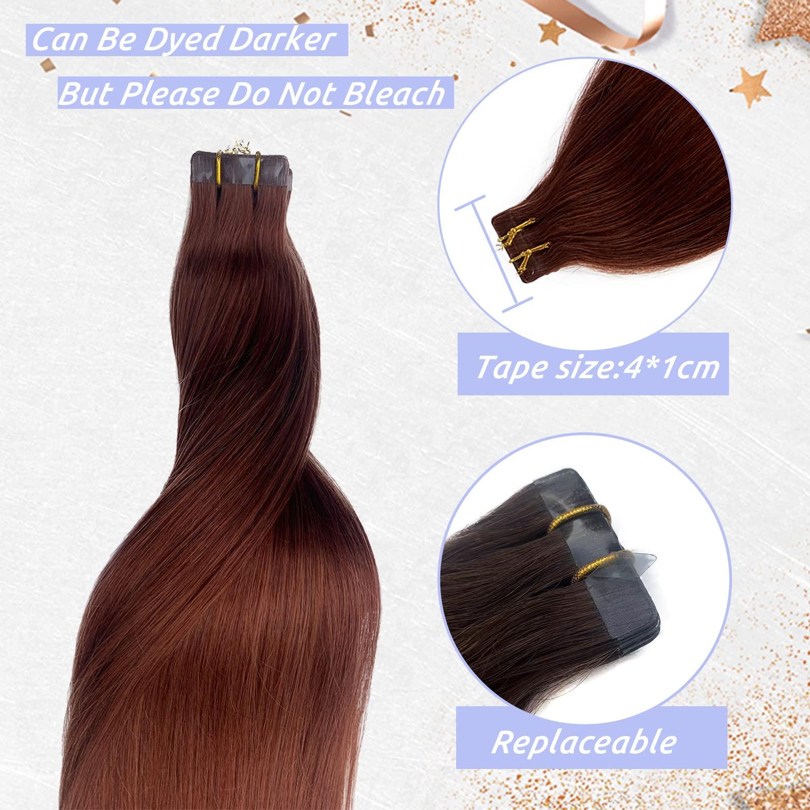 Smavida Dark Auburn Remy Tape in Hair Extensions Premium 100% Human Hair with Invisible Tape Attached Semi Permanent Hair Extensions 24Inch Silk Straight Human Hair Extensions 70grams for Girls/Women