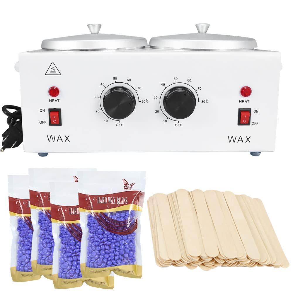 TOAUTO Double Wax Warmer Kit, Professional Dual Waxing Pot with 4 Pack Wax Beans 100pc Wooden Sticks,110V Electric Heater Machine for Hair Removal Home/Salon/SPA Adjustable Temperature
