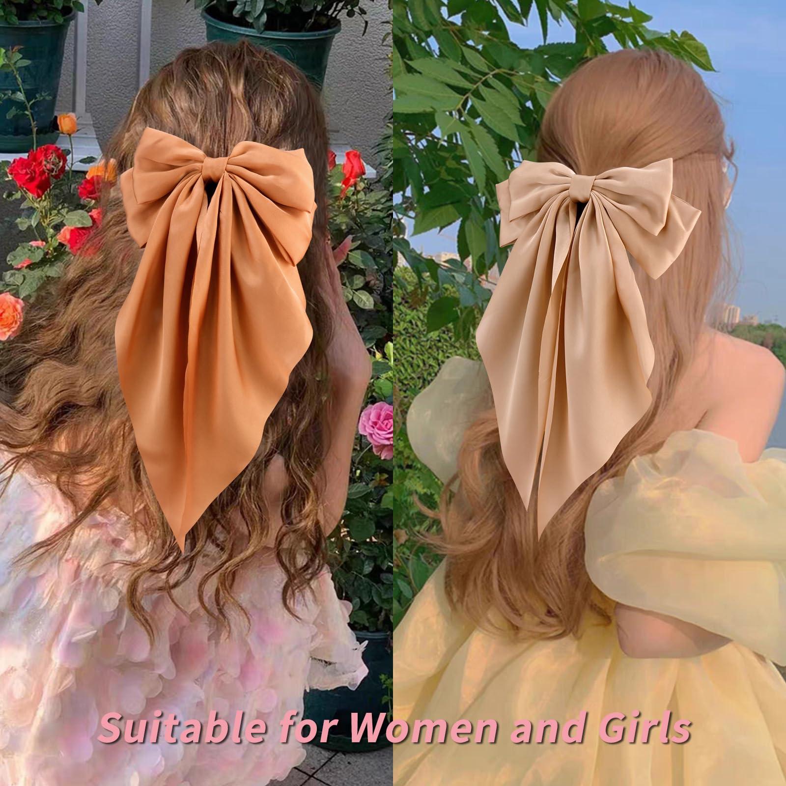 VELSCRUN Velscrun Hair Bows for Women Girls 3Pcs Brown Series Hair Bow Big Hair Bows Clip Silky Satin Large Hair Ribbons Oversized Long Tail Hair Bows Hair Barrettes Hair Accessories Gifts for Sisters