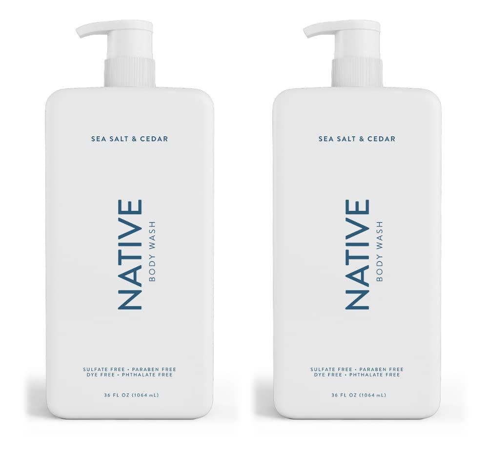 Native Native Body Wash for Women, Men | Sulfate Free, Paraben Dye with Naturally Derived Clean Ingredients, 36 oz bottle pump- 2 Pack (Sea Salt & Cedar) 72 Fl Oz
