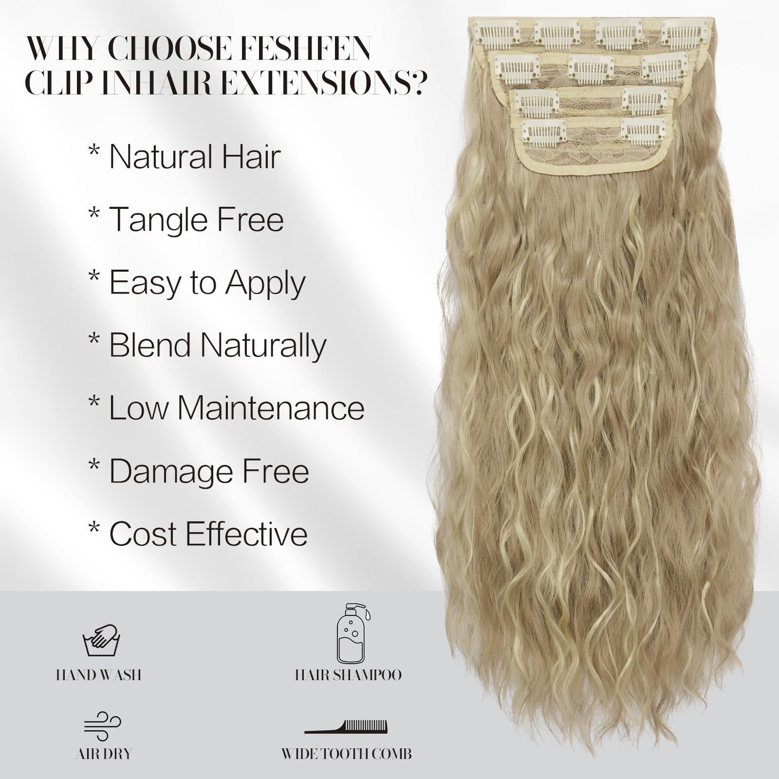 FESHFEN FESHFEN Clip in Hair Extensions 4 PCS Long Wavy Curly Thick Full Head Clip in Hairpieces Synthetic Natural Clip Hair Extension for Women, Dark Ash Blonde Mixed Bleach Blonde 20 inch