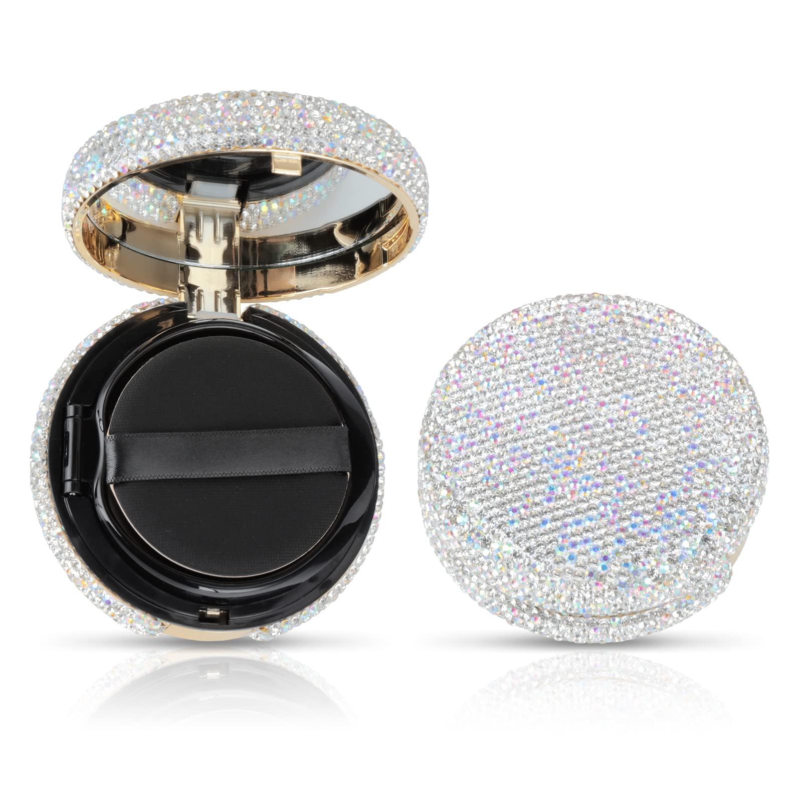 KEYPOWER KEYPOWER Makeup Powder Empty Box with Bling Diamond Loose Powder Compact Empty Container with Powder Puff and Mirror Refillable for Home or Trip (White)