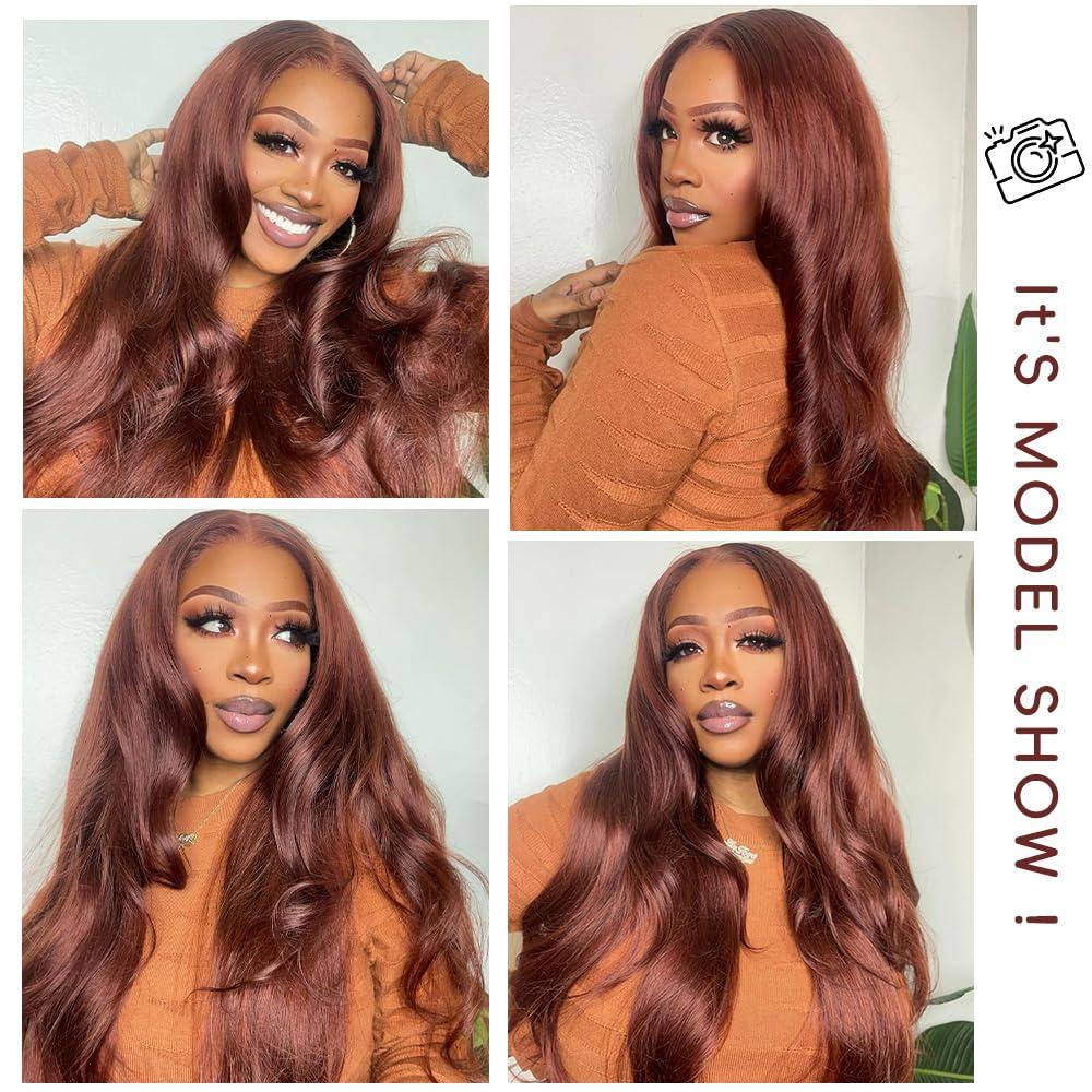Boumon Reddish Brown Lace Front Wigs Human Hair Pre Plucked 200% Density Body Wave Lace Front Wigs Human Hair For Women 13x4 HD Lace Frontal Wig Glueless Reddish Brown Wig 22 Inch