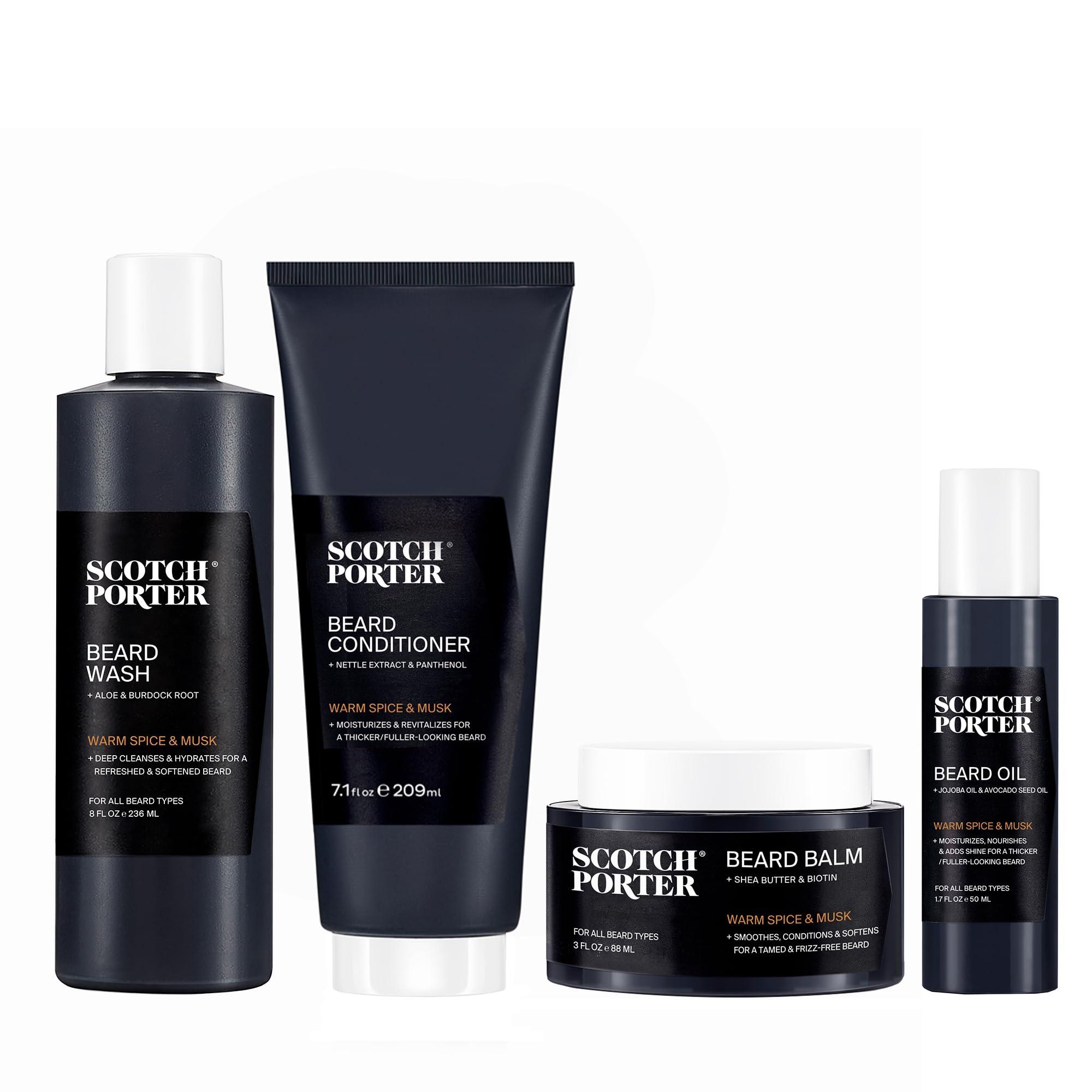 Scotch Porter Scotch Porter Beard Collection Cleanse, Moisturize, Soothe & Style Coarse, Dry Hair while Encouraging Growth for a Fuller/Healthier-Looking Beard Includes Full-Size Wash, Conditioner, Serum & Balm