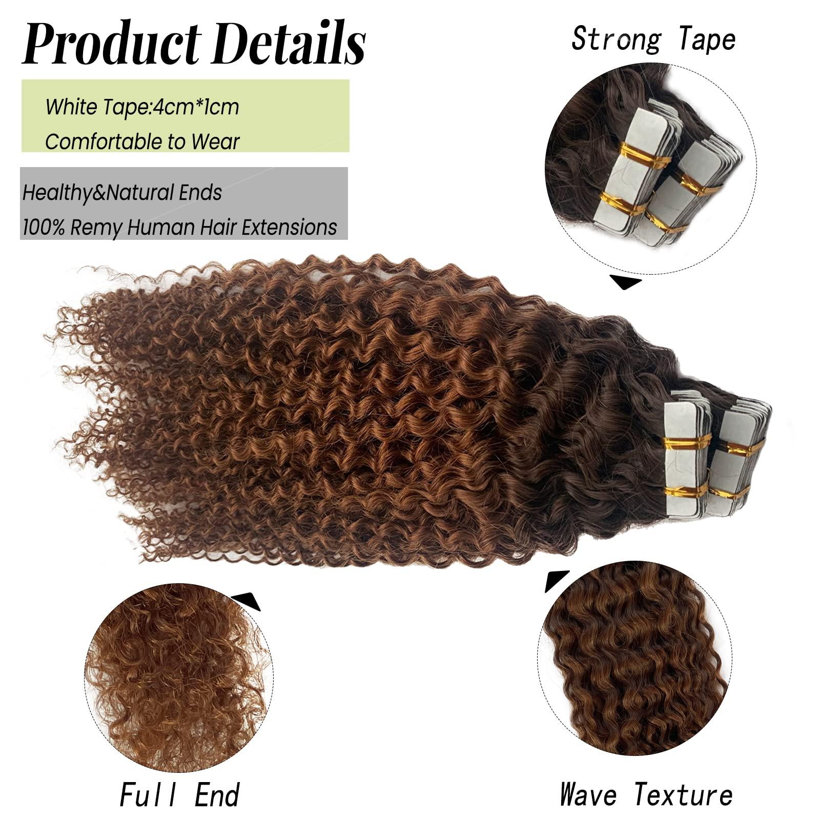 Valiilo Remy Tape in Extensions Curly Human Hair Extensions 20 Pieces 50 Gram for Women, Jerry Curly Tape in Human Hair Extensions Real Human Hair Brown to Medium Auburn Tape on Extensions 24 Inch