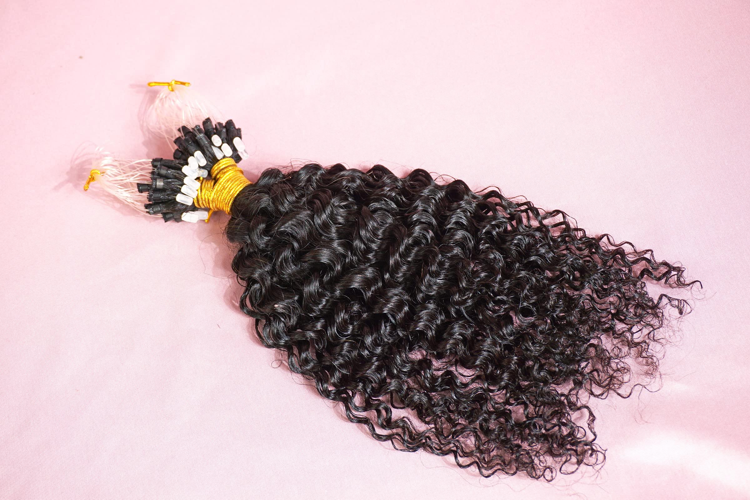 LANMINGO 50 Strands 1# Jet Black Micro Ring Link Human Hair Extensions afro CURLY Fusion Stick Micro Loop Kinky Curly remy human Hair extensions for black women
