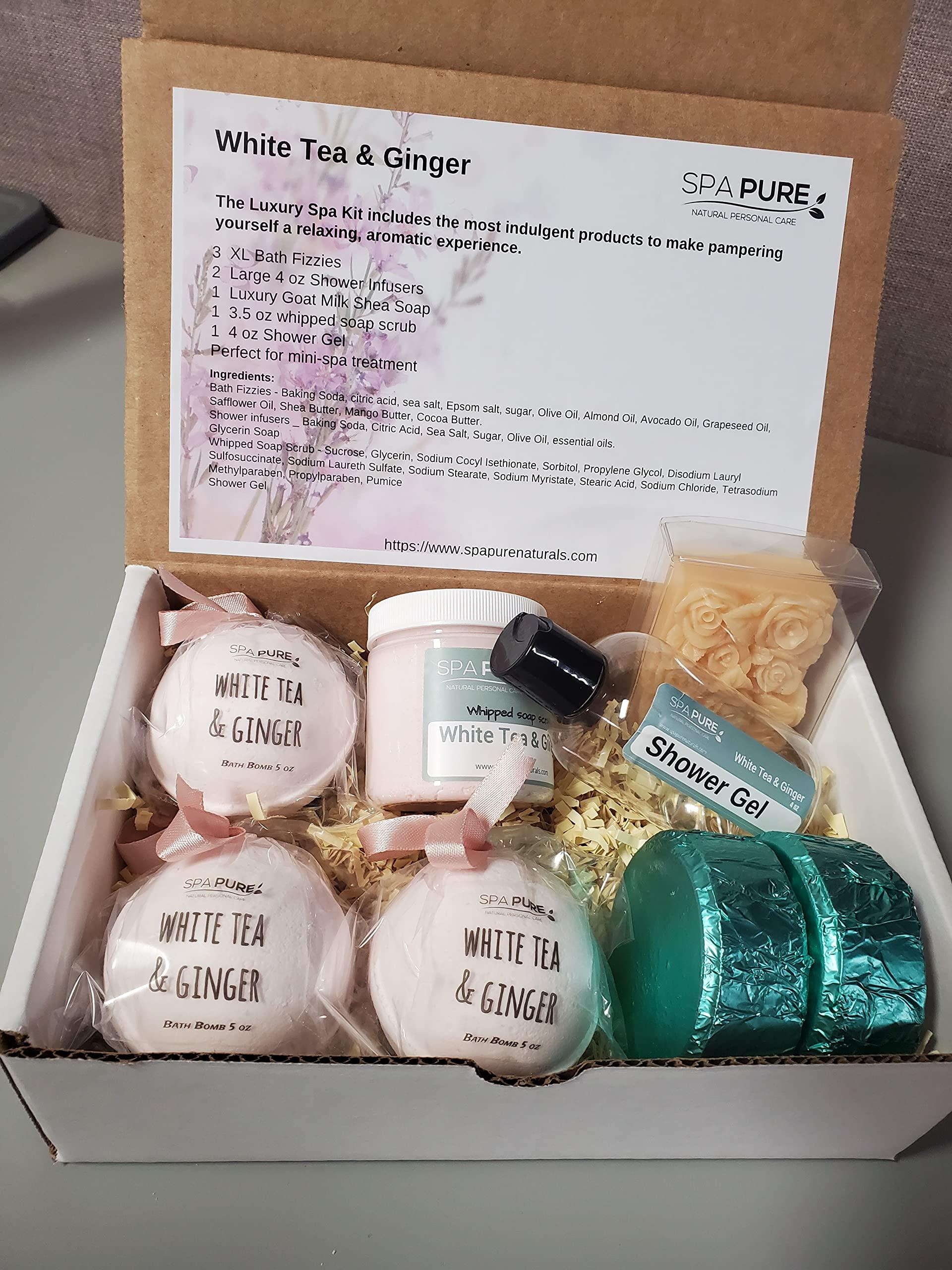 Spa Pure Spa Pure Luxury Spa Kit - 3 XL Bath Fizzies, 2 XL Shower Steamers, 3.5 oz Whipped Soap Scrub, Goat Milk Soap, Shower Gel (White Tea & Ginger)