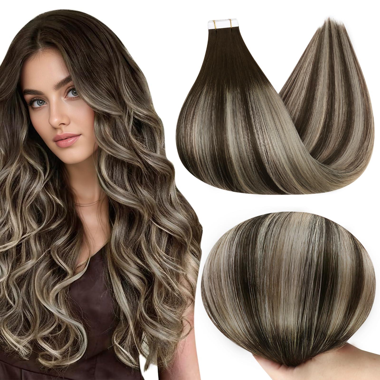 Full Shine Full Shine Human Hair Extensions Tape in Color 2 Dark Brown Fading to 60 Blonde And Brown Tape in Hair Extensions Real Human Hair 18 Inch Seamless Tape in Extensions Double Sided Tape 50Gram 20Pcs