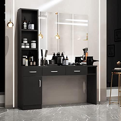 Paddie Paddie Barber Salon Station Wall Mount Hair Styling Salon Equipment Set Beauty Spa Furniture Set, Lockable Left Shelf, Mirror not Included(Black)