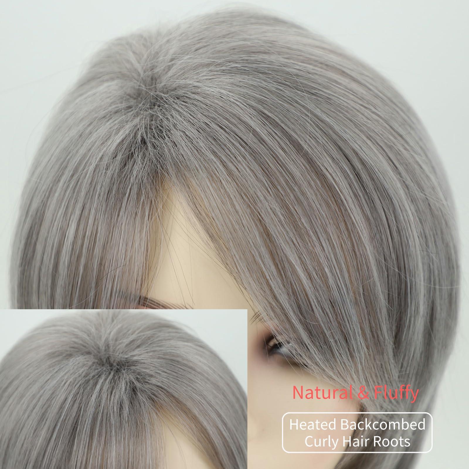 RENERSHOW RENERSHOW Layered Bob Short Gray Wigs for Women Mixed Gray Cute Straight Pixie Bob Wig Synthetic Haircuts Grey Side Part Inverted Bob Wig Natural