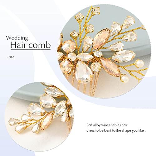 Catery Catey Crystal Bride Wedding Hair Comb Gold Side Comb Rhinestone Hair Piece Bridal Hair Clips Hair Accessories for Women and Girls