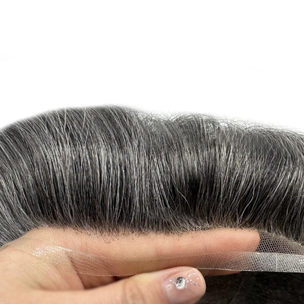 Generic Fine Mono Mens Toupee Virgin Human Hair Replacement System Men Hair Piece Natural Looking Mens Hair System Protesis Capilar Para Hombre8\'\'X10\'\' #1B30#1B OFF BLAC+30% GREY120% Density
