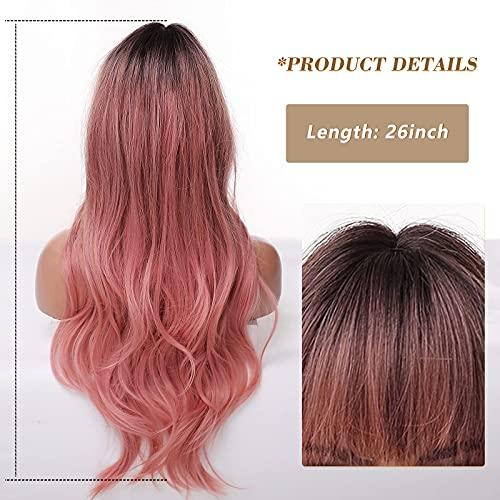 EMMOR EMMOR Long Ombre Pink Wig for Women - Natural Curly Hair Synthetic Wigs With Bang Dark Root, Party Cosplay Daily Use (2pcs Free Wig Cap)