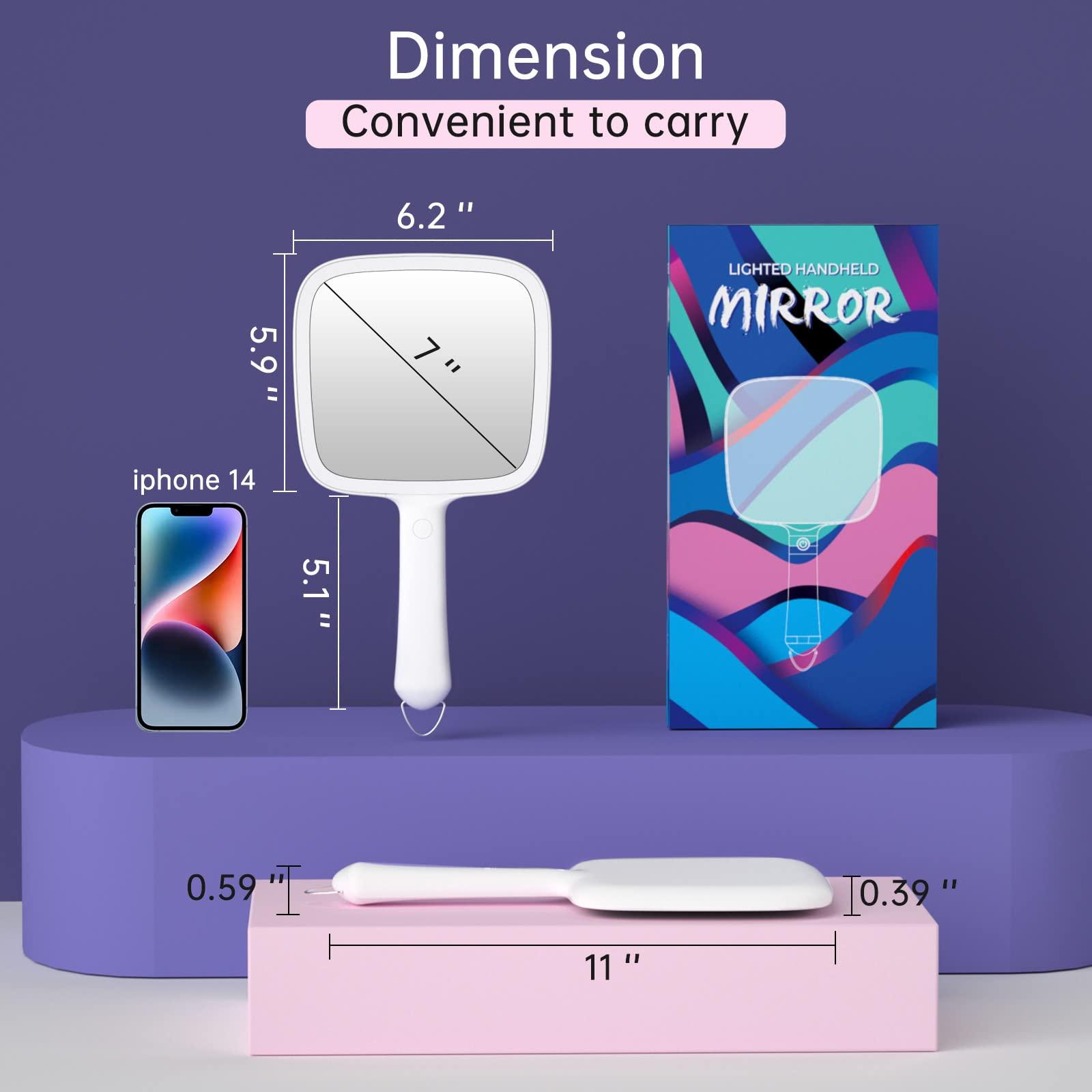 Famihomii Lighted Handheld Mirror with 3 Light Color and Dimmable, 6.2'' X 5.9'' Makeup Mirror, Wide Viewing Angle, Lightweight & Durable, 4 AAA Battery, Versatile & Hangable for Makeup Application (White)