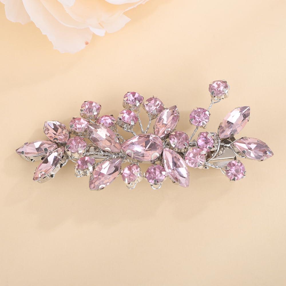 Teyglen Teyglen Pink Rhinestone Hair Clip Bridal Crystal Hair Barrette for Women Sparkly Hair Piece Wedding Hair Clips Hair Accessories for Women (Pink)