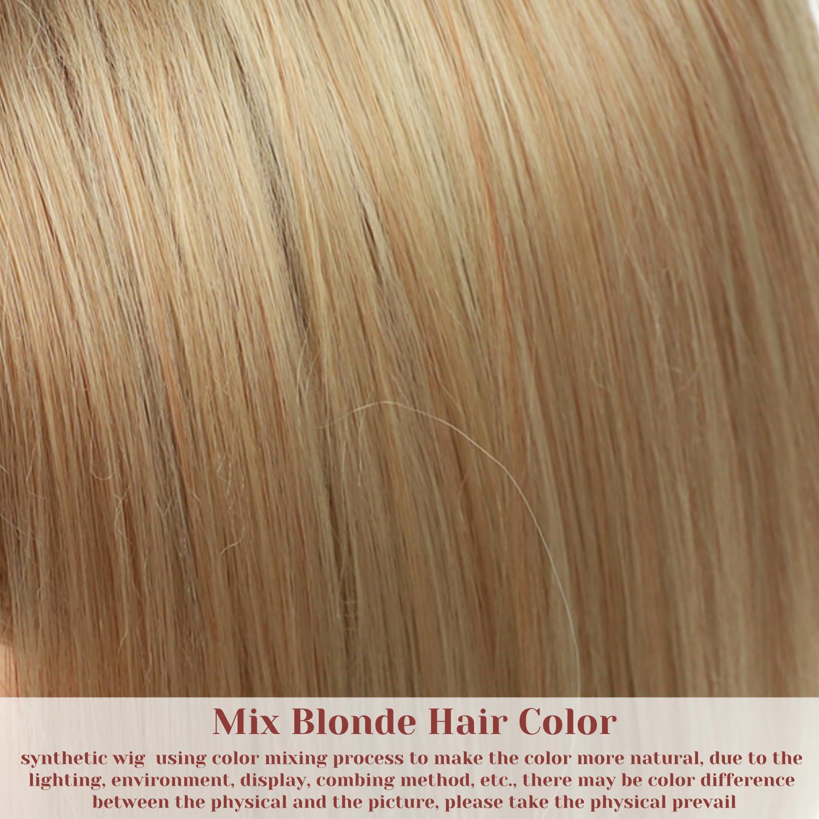 RENERSHOW RENERSHOW Short Blonde Pixie Bob Wig with Bangs Mixed Blonde Wigs for White Women Straight Hair Synthetic Wigs for Daily Party