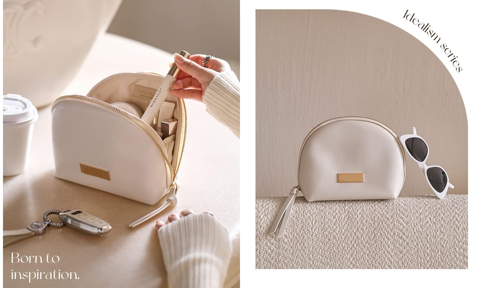 cirea cirea Egg White Clamshell PU Makeup Bag for Purse Portable Small Cosmetic Travel Bag for Women Cute Skincare Bag (Egg White)