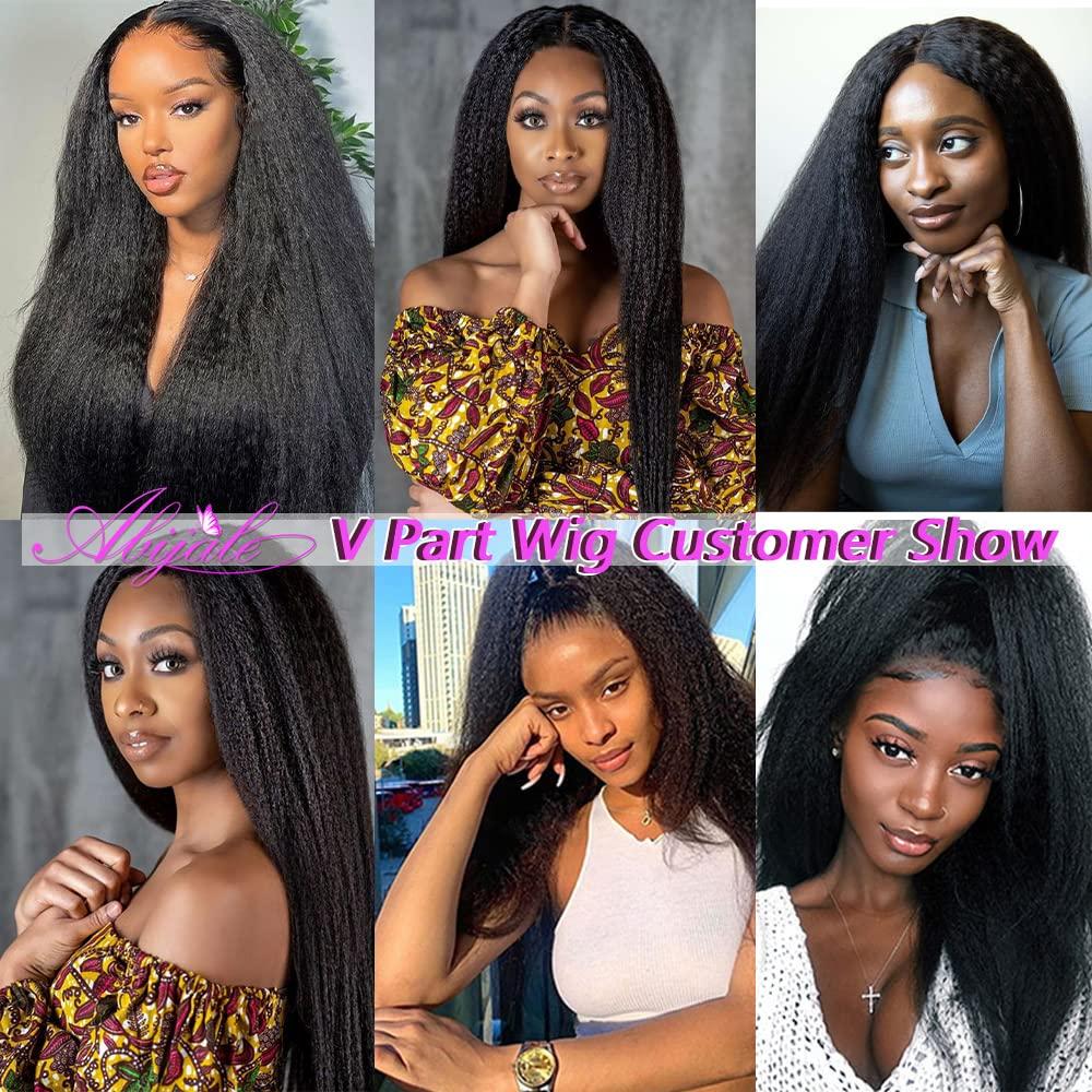 Abijale V Part Wig Human Hair Kinky Straight 180 Density Upgrade U Part Human Hair Wigs for Black Women No Leave Out V Part Wigs Glueless Clip in Half Wig Yaki Straight V Shape Wigs (26 IN, V Part Wigs)