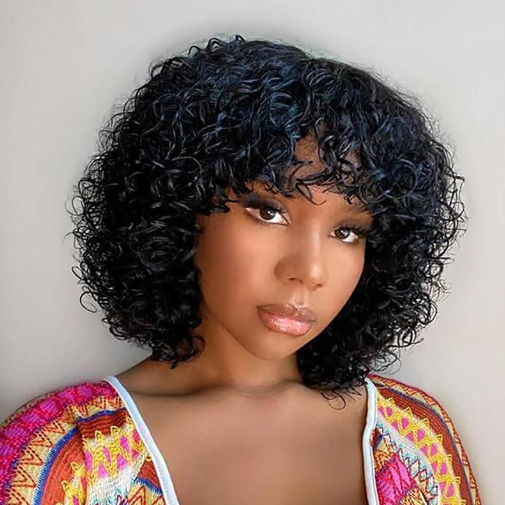 Afinska Afinska Kinky Curly Human Hair Wig Pixie Bob Cut Wig With Bangs Short Pixie Human Hair Wig Curly Pixie Cut Wig Human Hair Natural Black Brazilian Glueless Short Wig Bob Wigs Human Hair