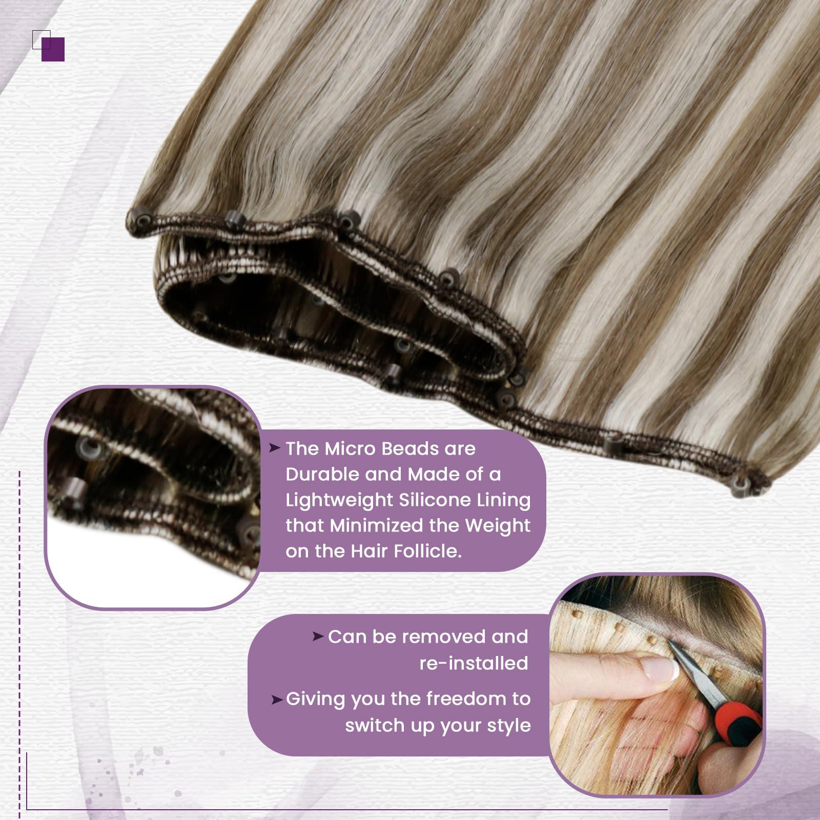 LAAVOO LaaVoo Beaded Weft Hair Extensions Human Hair Micro Bead Hair Extensions Real Human Hair Light Brown with Platinum Blonde Beaded Weft Human Hair Extensions Straight Weft Extensions 50G 20Inch