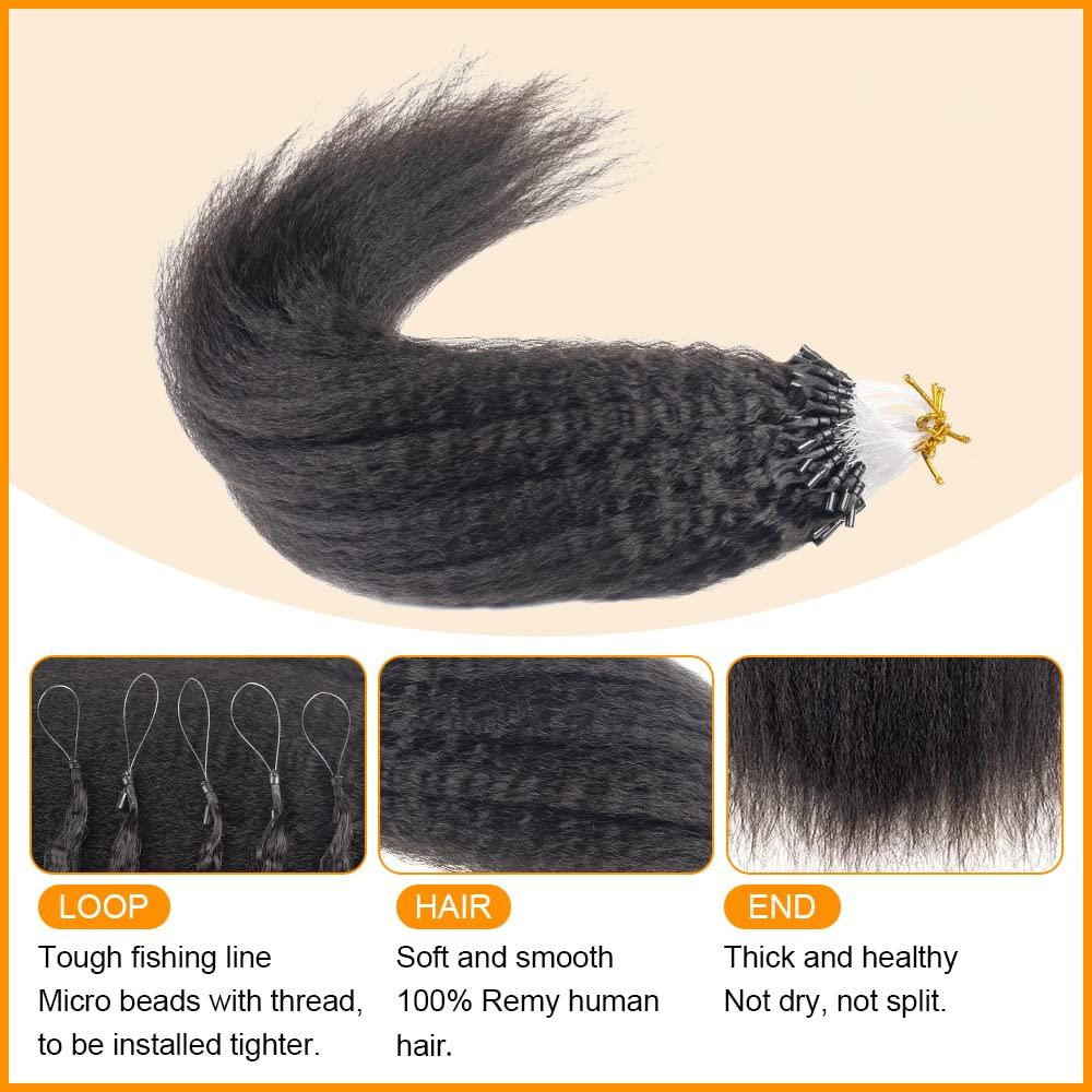 N NIAWIGS Kinky Straight Micro Link Extensions Hair Human Hair Niawigs Micro Links Hair Extensions for Black Women 100 Strands Micro Loop Human Hair Extensions 12 Inches 70G Natural Black