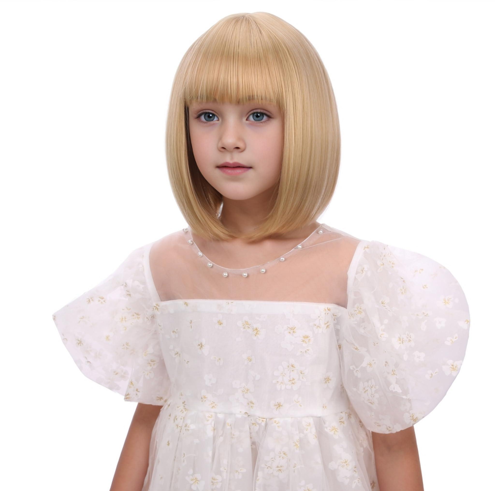 Edivd Edivd Kids Mixed Blonde Bob Wig Girls Short Blonde Bob Wig with Bangs Heat Resistant Synthetic Wig with Wig Cap