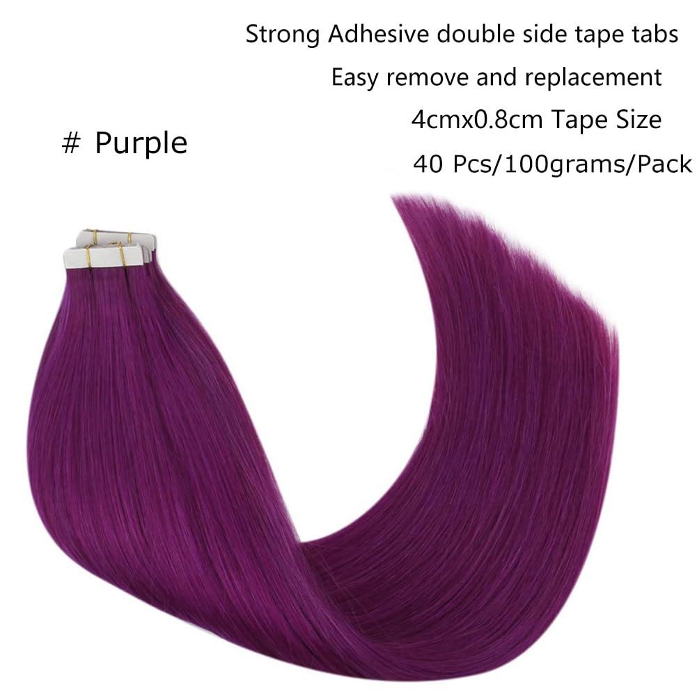 Kiss darling LASHES Tape in Hair Extensions Human Hair, 40pcs 100g 26 inch Highlighted Purple Straight Human Hair Tape in Extensions Skin Weft Tape Extensions Human Hair Full Head