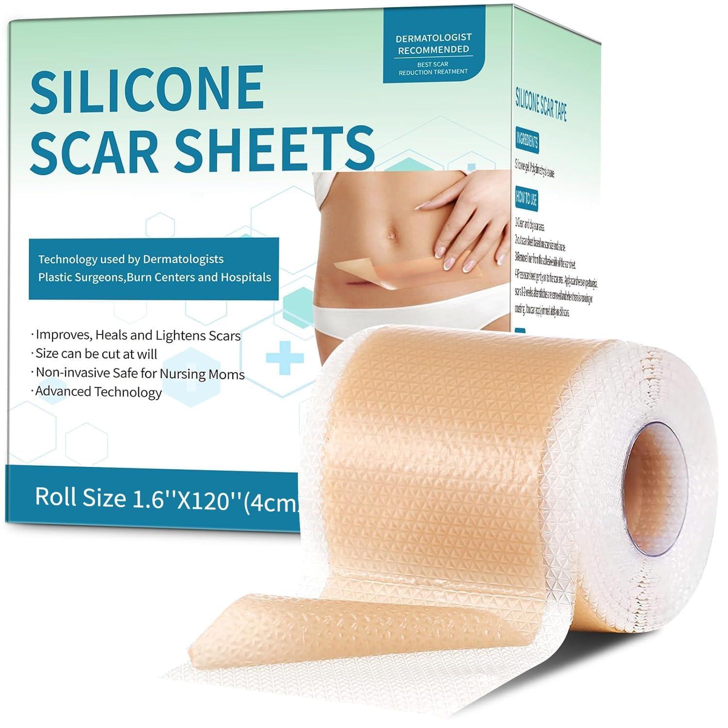 Rvlaim Silicone Scar Sheets, Silicone Scar Tape(1.6x 120 Roll-3M), Silicone Scar Strips, Professional Scar Removal Sheets for Surgical Scars, Keloid, C-Section, Burn et