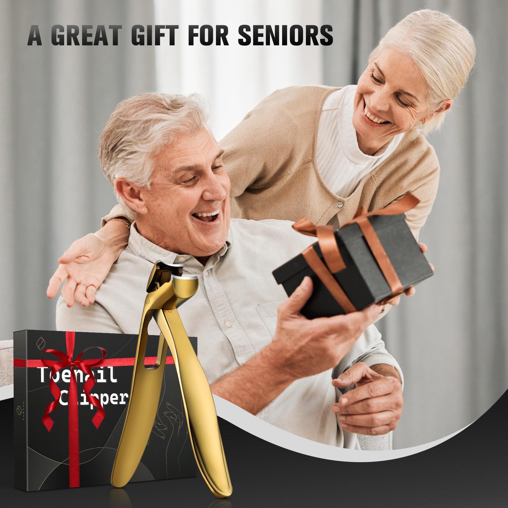 FERYES FERYES Angled Head Long Handled Toenail Clipper for Seniors - Large Wide Jaw Nail Clipper with Catcher for Thick Nails - Easier Trimming, Ergonomic Design (Gold