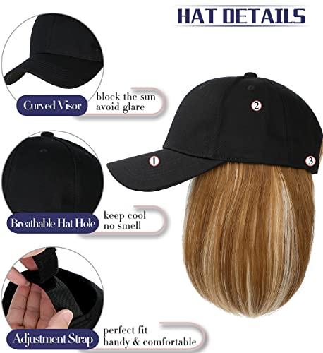 Qlenkay Qlenkay Baseball Cap with Hair Extensions Straight Short Bob Hairstyle Adjustable Removable Wig Hat 14inch for Woman Girl Ginger Brown Mix Bleach Blonde