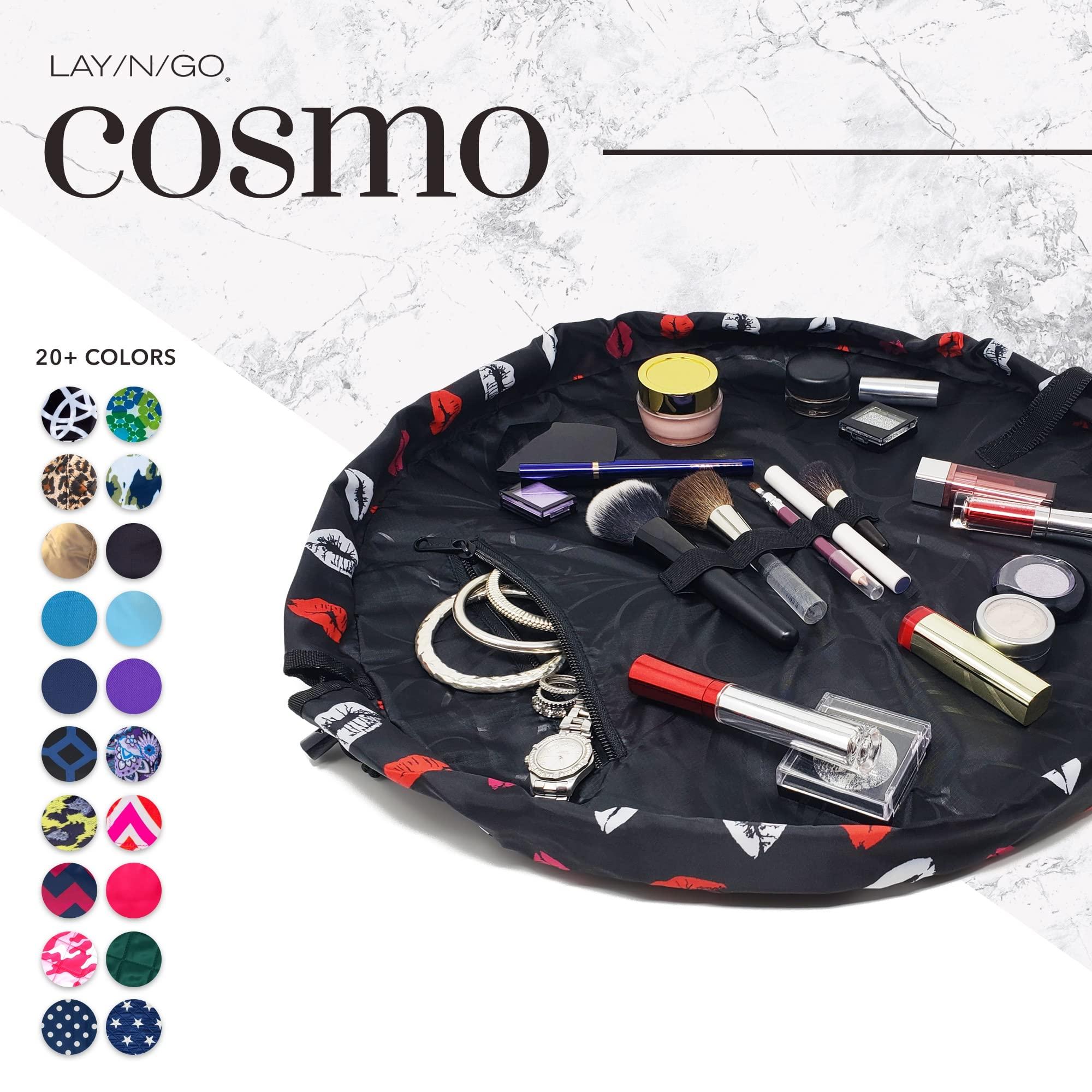 Lay-n-Go Lay-n-Go Cosmo Drawstring Cosmetic & Makeup Bag Organizer - Portable Drawstring Makeup Bag w/Zipper Pocket, Makeup Loops & More - Durable, Machine Washable Makeup Bag for Travel (20, Lips/Black)