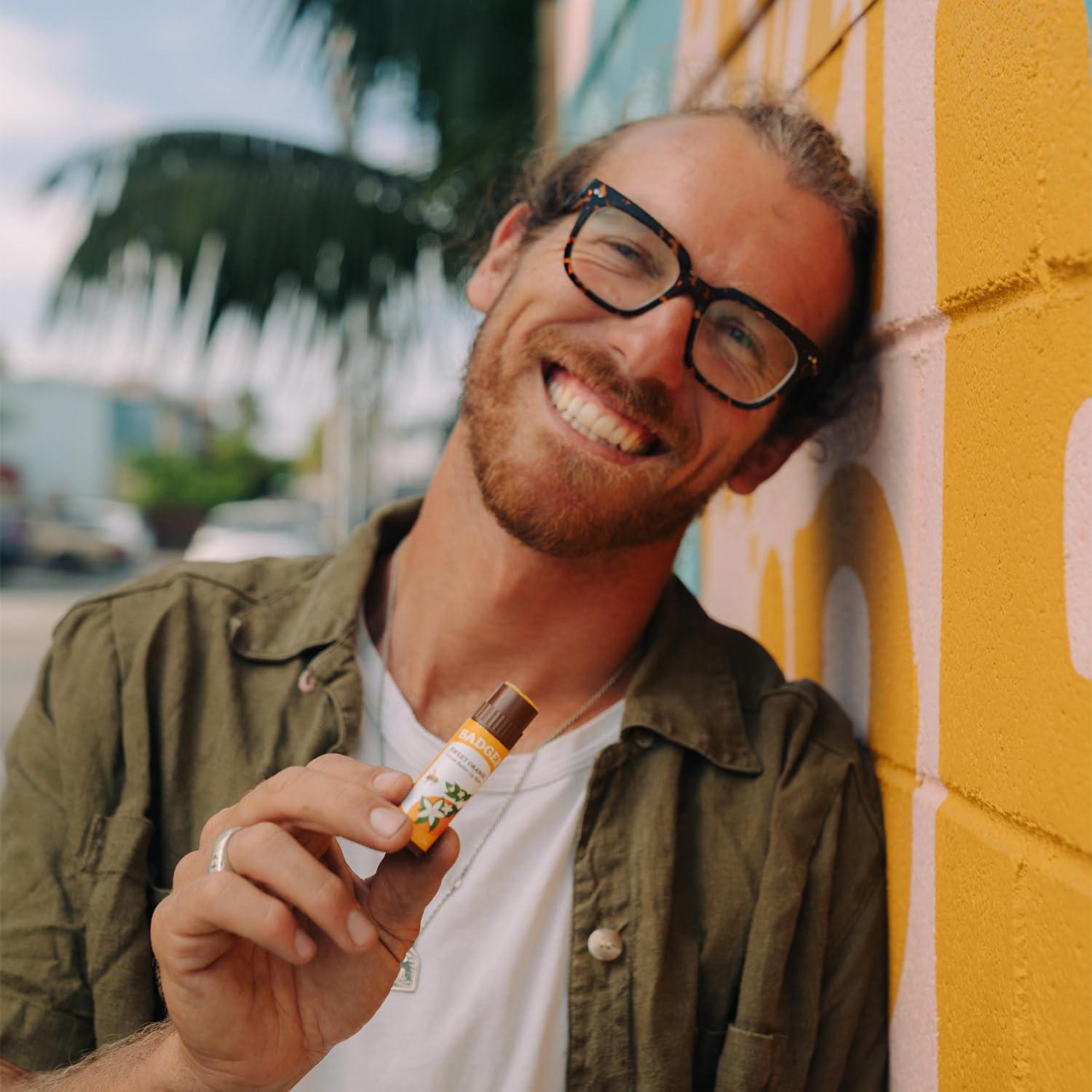 Badger Badger - Cocoa Butter Lip Balm, Sweet Orange, Certified Organic Lip Balm, Fair Trade, Lip Butter, Lip Balm Cocoa Butter, Cocoa Care Lip Balm, 0.25 oz (4 Pack)