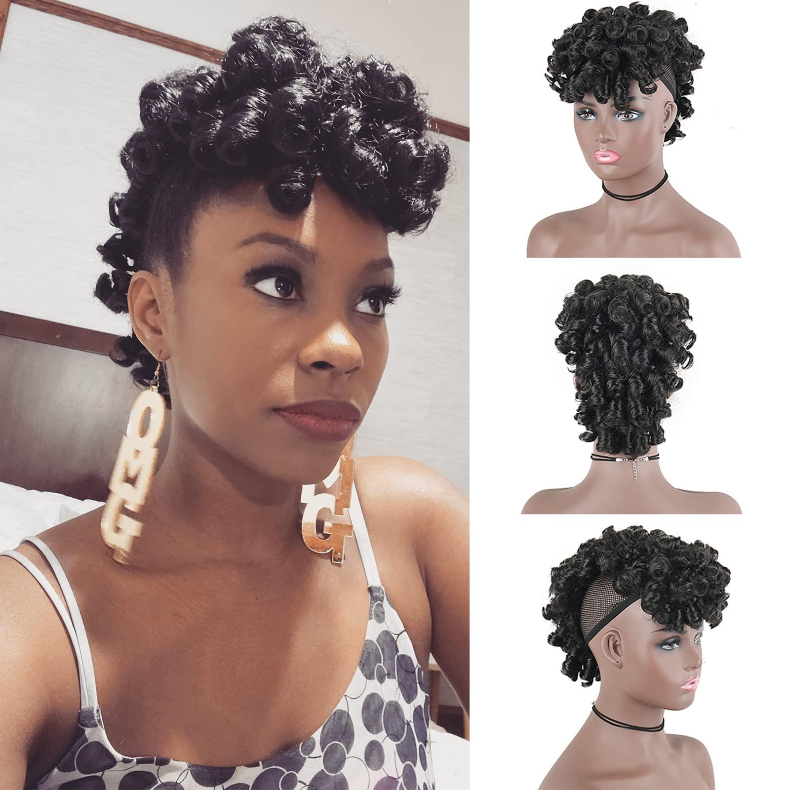 Oseti Oseti Short Curly Mohawk Wig Mohawk Hair Clip in Hair Extension Nature Black Mohawk Wigs for Black Women, Deep Wave Mohawk Ponytail Wig with Bangs Faux Hawk Hairpieces for Women Girls (2#)