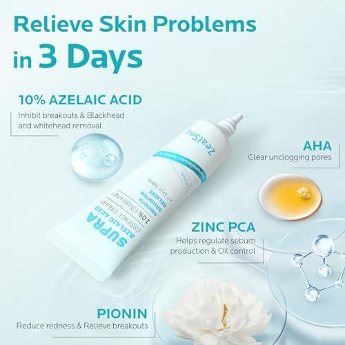 ZealSea ZealSea 10% Azelaic Acid Facial Cream - Azelaic Acid Serum with AHA for Face, Relief Pimple, Breakouts, Blackhead & Redness, Azelaic Acid Gel Clarify Skin Soothe Irritation, 0.34 Oz Travel Size