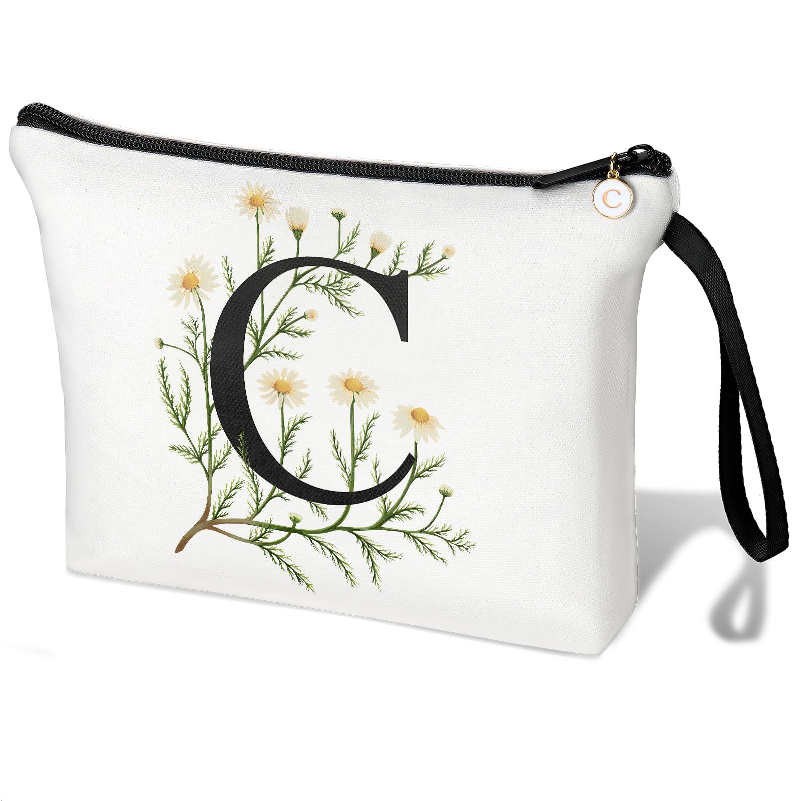 LANJU Initial Letter Bag Letter Makeup Bag for Women Initial Cosmetic Bag A-Z Personalized Makeup Bag Travel Makeup Bag,Initial Cosmetic Bag Gifts (white C)