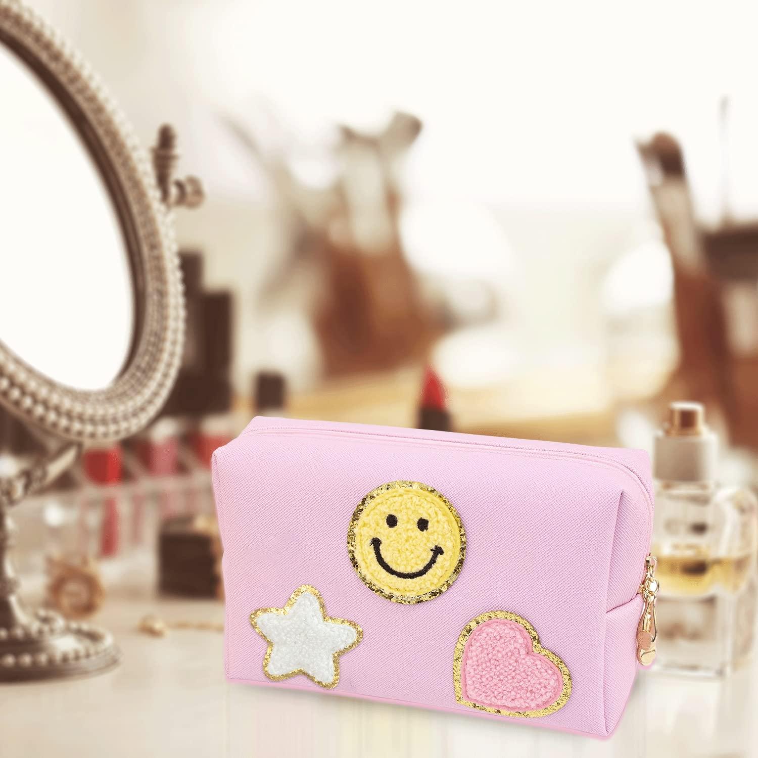 Nylea Nylea Preppy Stuff Patch Makeup Bag, PU Leather Smiley Face Makeup Bag Portable Waterproof Small Pouch, Daily Use Travel Cosmetic Pouch for Women Girls Gift (HOT PINK)
