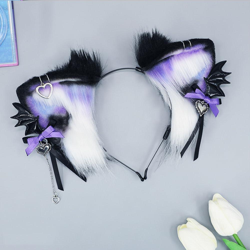 TTYAO REII TTYAO REII Gothic Fox Ears Headband Faux Fur Wolf Cat Hairband Animal Ears Headwear Fluffy Headdress for Anime Cosplay (Black and Purple)